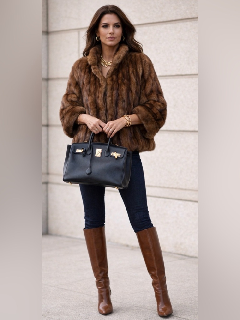 Mink Jacket Capelet M/L Collar Waist Length Brown Lush Soft Bespoke Vtg Pockets